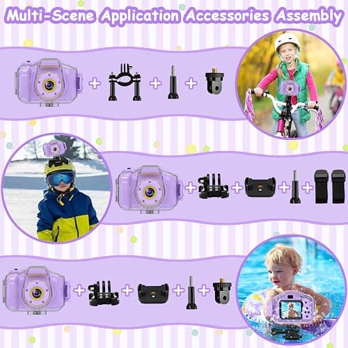 Kids Waterproof Camera, Christmas Birthday Gifts for Boys Girls Age 3-9, Children HD Digital Video Cameras, Portable Toy Child Underwater Camera 2 Inch Screen with 32GB Card (Purple) thumbnail 6