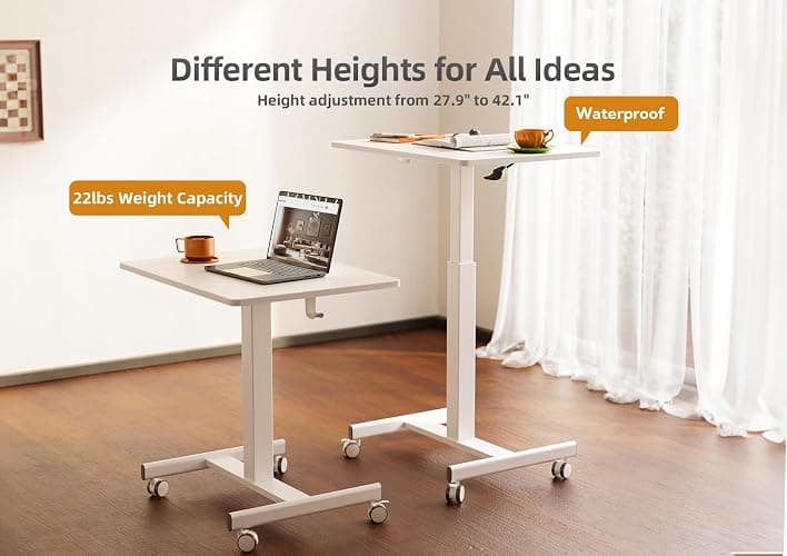 Claiks Mobile Standing Desk, Small Rolling Workstation with Wheels, Pneumatic Laptop Desk for Home Office with Hook, White thumbnail 4
