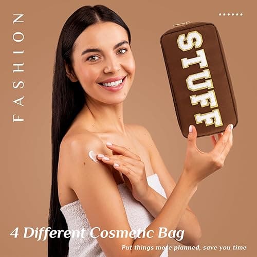 Cunno 4 Pcs Preppy Makeup Bags Chenille Letter Stuff Bag Nylon Cosmetic Pouch Cases with Zipper for Women Travel Toiletry - Brown Set thumbnail 5