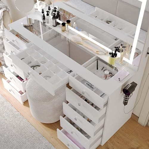 Boahaus Orla Modern Makeup Vanity Desk with Built-in Light Bulbs, USB Port, Power Outlet, 11 Drawers, Hollywood Vanity Mirror, Glam Glass Top, White/Crystal thumbnail 6