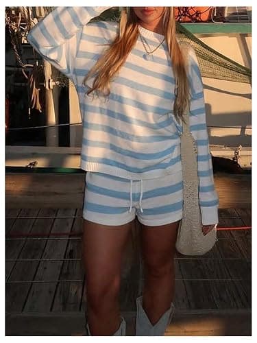 Milumia Women's 2 Piece Outfit Striped Ribbed Long Sleeve Sweater Top Shorts Set Knitwear thumbnail 3