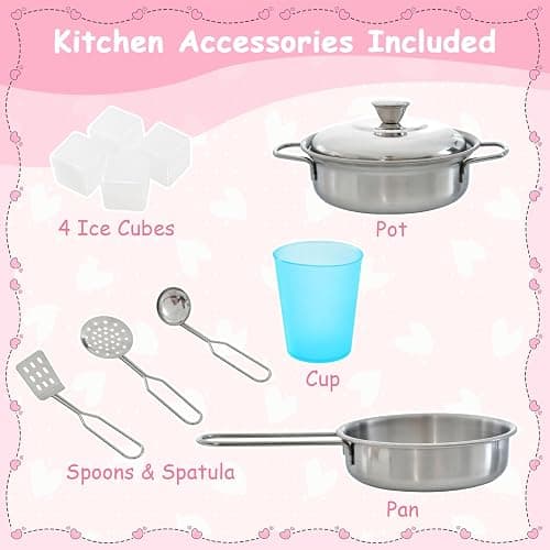 HONEY JOY Pink Kids Kitchen Playset, Wooden Little Chef Pretend Toy Kitchen Set w/Chalkboard, Telephone, Utensils, Oven, Microwave, Sink, Play Kitchen for Toddlers, Gift for Boys Girls, Pink thumbnail 8