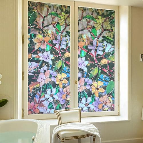 JOLIHOME Sichtschutz Folie Buntglas Fensteraufkleber Klebefrei Mattiert Vinyl Folie Statisches Kleben Rollen für Dusche und Bad Wärmekontrolle Bunte Orchideen 44.5x200cm thumbnail 2