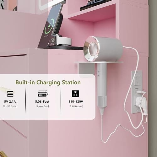 BORNOON Makeup Vanity with LED Light Strip Mirror and Chair, 7 Drawers & 2 RGB Cabinets Pink Vanity Makeup Desk with Power Strip, Adjustable LED Lighting, and Cushioned Stool for Women, Girls, Teens thumbnail 6