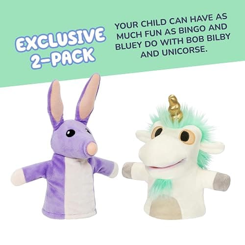 Bluey Unicorse & Bob Bilby Hand Puppet Plush Toys, 8-9”, 2-Pack | Soft deluxe fabric, embroidered details, perfect for toddler hands, imaginative play, Bluey toddler toys, Amazon exclusive thumbnail 4
