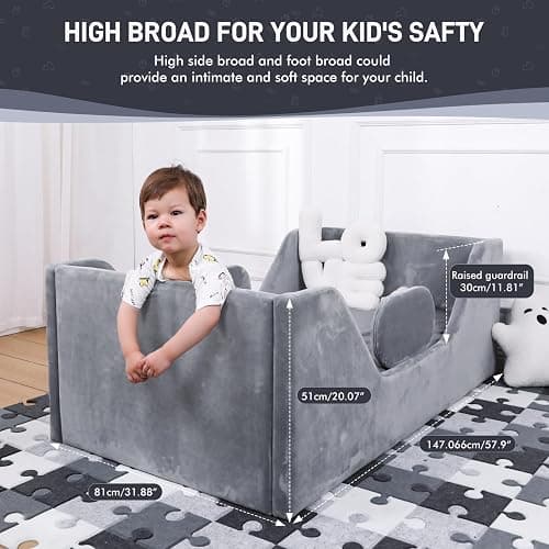 weeonekids Toddler Bed, Child Bed for Kids with Extra Safty Broad, Standard Crib Size Toddler Bed, Certified Fabric Toddler Beds,Toddler Flood Bed (Gray) - Grey thumbnail 2