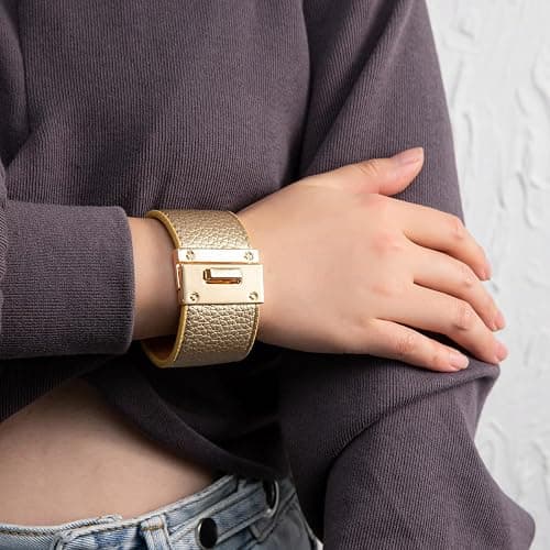Rantanto Braid Leather Wrap Bracelet Trendy Stackable Crystal Cuff Boho Gold Heart Bracelet Jewelry Gift For Women - Wide Gold thumbnail 3