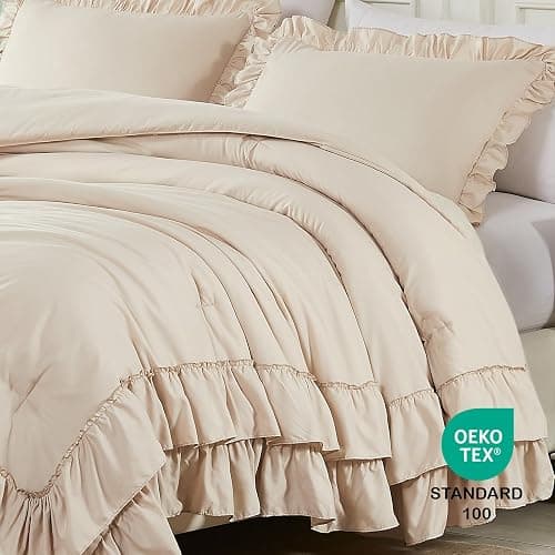 Cupocupa Beige Queen Comforter Set, 3Pcs Comforters Queen Size Ruffle Farmhouse Bedding Sets Queen with Comforter, Lightweight Soft Shabby Chic Bedding Comforter Set Fluffy for All Season - Queen - Beige thumbnail 4