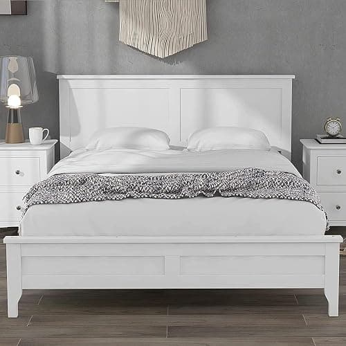 Harper & Bright Designs Full Size Platform Bed Frame with Headboard/Solid Wood Foundation with Wood Slat Support/No Box Spring Needed/Easy Assembly - White - White - Full - Image 1