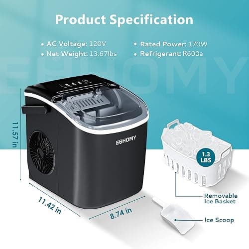 EUHOMY Countertop Ice Maker Machine with Handle, 26lbs in 24Hrs, 9 Ice Cubes Ready in 6 Mins, Auto-Cleaning Portable Ice Maker with Basket and Scoop, for Home/Kitchen/Camping/RV. (Black) - ICE MACHINE - 11.57"D x 11.42"W x 8.74"H - Black thumbnail 9