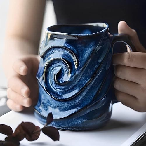 17oz Embossed Face Shape Large-Capacity Ceramic Coffee Mug - Unique Handmade Tea Cup for Office and Home - Microwave and Dishwasher Safe (Blue) thumbnail 2