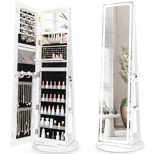 LOKO 360° Swivel Jewelry Cabinet with 3-color LED Lights, Lockable Jewelry Armoire Organizer with Full-Length Mirror, Makeup Mirror & Foldable Makeup Shelf, for Girl Women, Gift (White) - Image 1