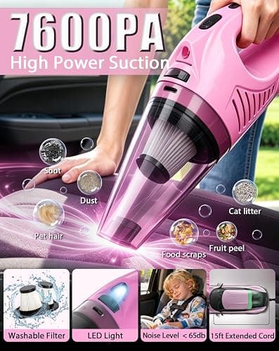 THINKWORK Car Cleaning Kit with Vacuum,Deep Cleaning for Interior Detailing | 7600PA High Power Corded Handheld Vacuum,Windshield Cleaner Tool, Detailing Brush Set,22Pcs Pink Accessories,Gift for Women thumbnail 2