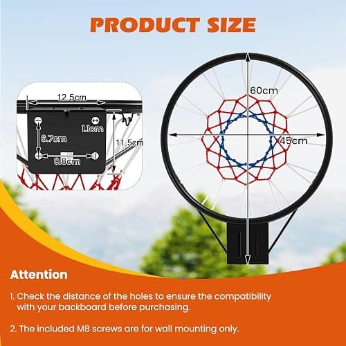 GYMAX Wall Mounted Basketball Hoop, Indoor Outdoor Basketball Rim Replacement with Net, Double Spring and Fixtures, Heavy-Duty Professorial Basketball Ring Goal for Kids Adults (Black, PE Net) thumbnail 5