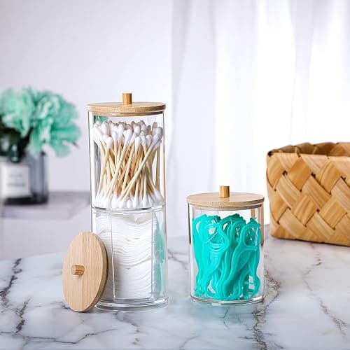 INCETUE 3PCS Cotton Pad Holder with Bamboo Lid for Bathroom Storage, Acrylic Cotton Swab Dispenser, Clear Round Cotton Wool Bud Jar for Vanity, Small Qtip Container, Makeup Organiser Set thumbnail 2