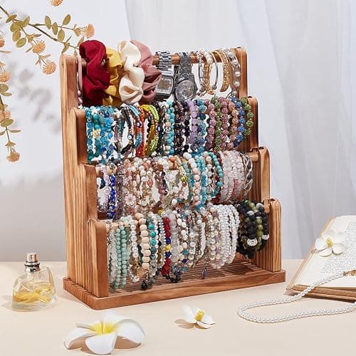 PH PandaHall 7 Tier Wood Bracelet Holder Jewelry Display Stand Bracelet Bangle Scrunchie Organizer Watch Display Stand Accessory Display Storage Organizer for Vendors Selling Craft Show Home, Brown thumbnail 2