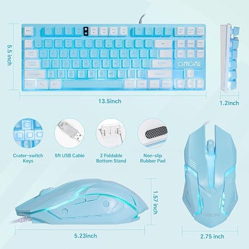 CHONCHOW Blue Keyboard and Mouse Combo, 87 Keys TKL USB Wired LED Light Up Backlit Keyboard, 800-3200 DPI RGB Mouse, Blue Mouse and Keyboard Combo for PS4 PS5 PC Laptop Mac Computers thumbnail 2