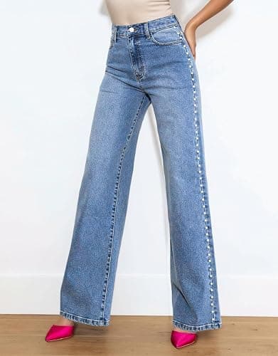 Kedera Women's High Waisted Jeans Stretchy Pearl Beaded Jeans Wide Leg Casual Denim Trousers Y2K Trendy Baggy Pants thumbnail 4