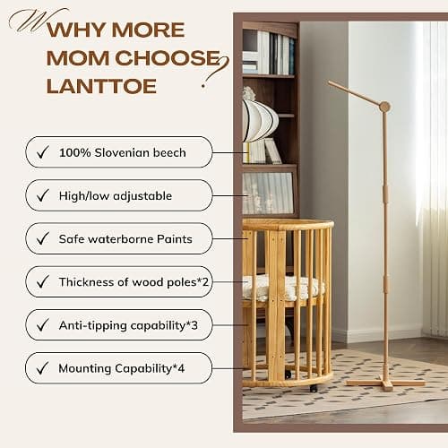 Lanttoe Crib Mobile Arm Wooden Floorstanding - 61 Inches Mobile Arm for Crib|Movable Baby Mobile Hanger|Strong Anti-Dumping Attachment|100% Natural EU Beech Wood|Thicker Wooden Pole|Boho Nursery Decor thumbnail 3
