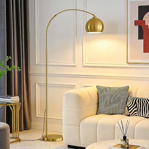 yuhaptomer Gold Brushed Brass Arc Floor Lamps with 12W LED Remote Dimming | Adjustable Height Span, Color Temperature, Brightness, Unique Large Antique Curved Floor Lamp for Living Room Bedroom Office thumbnail 2