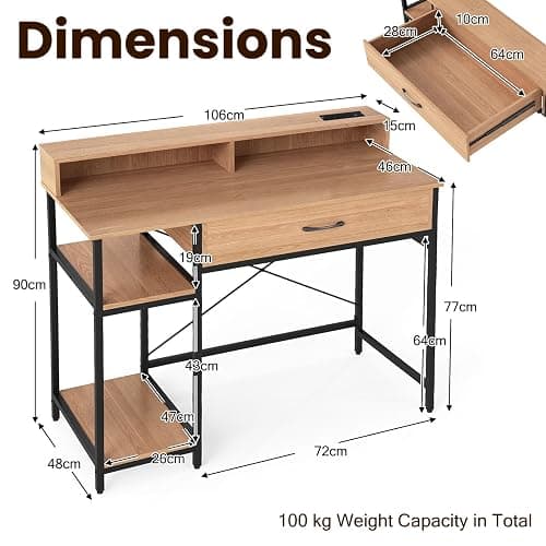 SFAREST Computer Desk, Industrial Laptop Writing Desk with Monitor Stand, Drawers & Storage Shelves, Wooden PC Study Work Table for Bedroom Study Office(Natural,106 x 48 x 90cm) thumbnail 3