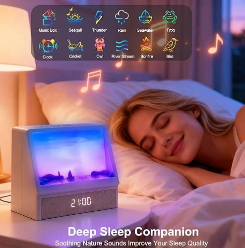 Sunrise Alarm Clock for Bedrooms, White Noise Machine Creative Simulated Sunrise Animation with 7 Modes, 12 Natural Sounds, Music Speaker & Remote, Wake Up Light Sunset Lamp Gifts for Heavy Sleepers thumbnail 3