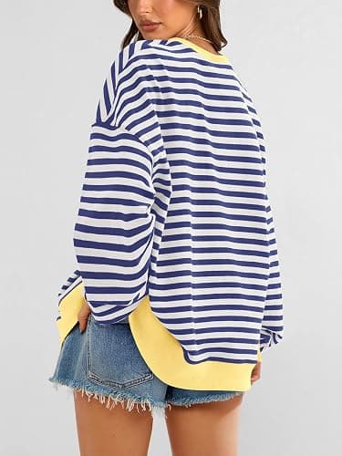 PRETTYGARDEN Womens Striped Oversized Sweatshirt Lightweight Fall Clothes | Stitching Crew Neck Sweatshirts Women, Long Sleeve Casual Loose Pullover Top, Color Block Y2K Outfits, Fashion Clothing thumbnail 5