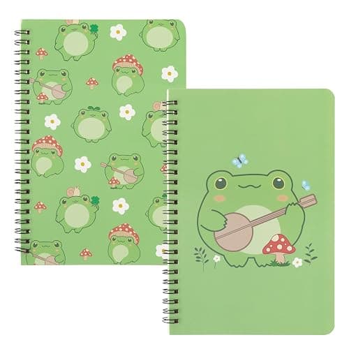 L1rabe 2 A5 Frog Spiral Notebooks Back to School Cute Frog Green College Ruled Hardbound Notebooks Exercise Book Diary Notepad Travel Journal for Kids Teens Students Girls Birthday Gift - Image 1