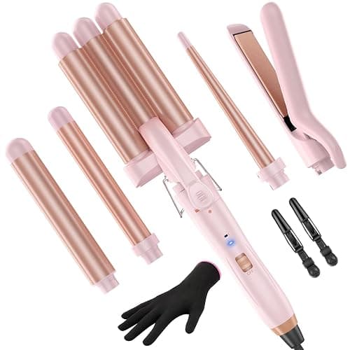 5 in 1 Wand Curling Iron-Curling Wand Set with Hair Straightener, 3 Barrels Hair Crimper Iron, 3 Ceramic Curling Irons (0.35 "-1.25"), 2 Temps Fast Heat Hair Curler Waver with Glove & Clip-Light Pink - Image 1