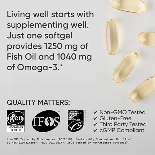Sports Research® Omega-3 Fish Oil 1250 - Triple Strength Fish Oil Supplement from Wild Alaska Pollock - MSC Certified Sustainable · Non-GMO · Soy Free - 90 Softgel Capsules thumbnail 4