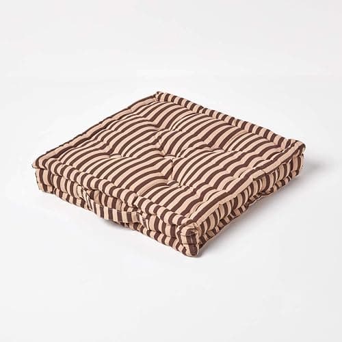 HOMESCAPES - Pin Stripe Choco - 100% Cotton - Floor Cushion - Chocolate and Beige - 40 x 40 x 8 cm Square - Indoor - Garden - Dining Chair Booster - Seat Pad Cushion. - Image 1