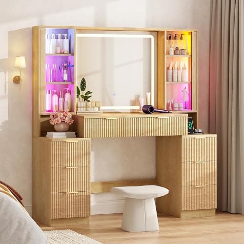 Big Vanity, Fluted Wood Makeup Vanity with Mirror Lights, Oak Vanity Desk | Large, Charging Station, Sound Sync Chasing LED Lights, Wood Vanities, Luxury Glass Cabinets, 8 Drawers, Girls, Women - Image 1