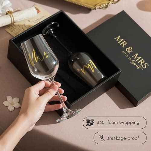 AW BRIDAL Mr and Mrs Wine Glasses Set of 2 for Engagement Bridal Shower, Wedding Gifts for Newlywed Couples 2026, Personalized Anniversary Wine Glass Gift Basket for Bride Groom and Fiance Fiancee thumbnail 6