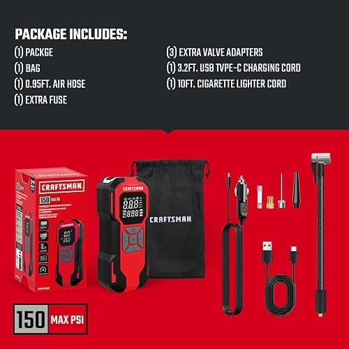 CRAFTSMAN Tire Inflator Portable Air Compressor, Cordless Mini Air Pump for Car Tires with Digital Tire Pressure Gauge, 6000mAh Battery Powered Air Pump, Max Pressure 150 PSI, 12V DC Corded thumbnail 8