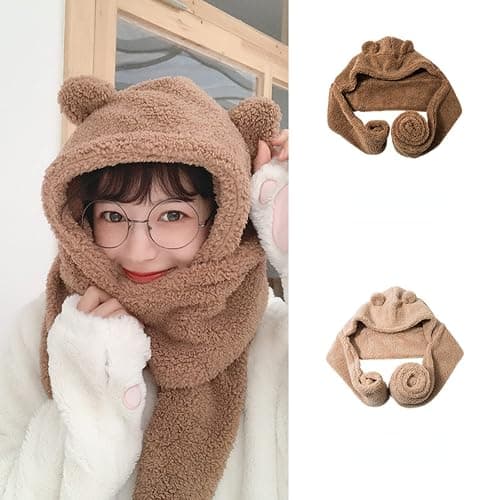 Women Kawaii Bear Ear Beanie Hat Scarf 2 in 1 - Cute Winter Warm Sherpa Thicken Fleece Fuzzy Japanese Fluffy Knit Hat Cap thumbnail 8