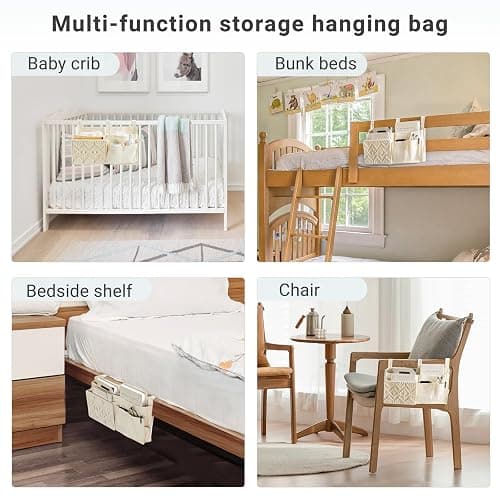 Mkono Bedside Caddy, Macrame Bunk Bed Hanging Organizer, 7 Pockets Ivory | Dorm Room Essentials, Boho Storage Bag, Remote Books Magazines Phone Snacks Drinks Holder, Bedroom Nursery Loft Baby Bed Rail thumbnail 5