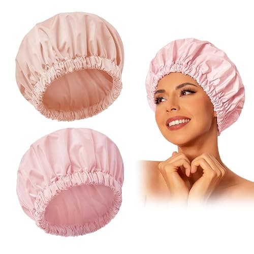 Reusable Shower Cap for Women, Large Waterproof Shower Essentials Bonnet Washable Elastic Band Bath Hair Wrap Hat for Long Hair, Braids(Pink&Beige) - Image 1