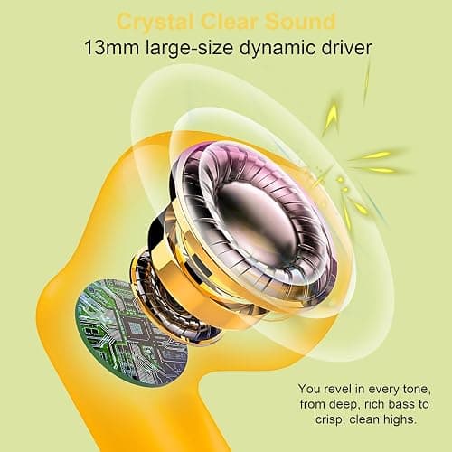 Wireless Earbuds, Bluetooth 5.4 Earbuds Stereo Bass, Bluetooth Headphones in Ear Noise Cancelling Mic, Earphones IP7 Waterproof Sports, 32H Playtime USB C Charging Case Yellow Ear Buds for Android iOS thumbnail 3