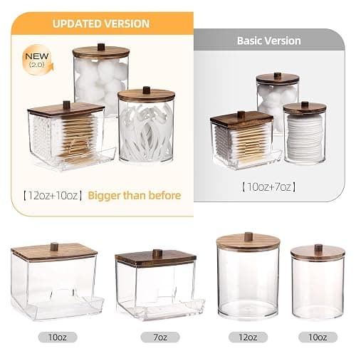 Tbestmax Qtips Dispenser Bathroom Container, 10/12 oz Big Cotton Ball Holder, Apothecary Jar Organizer for Storage Cotton Swab, Round Pads, Floss Picks (Brown Wood Lids) thumbnail 4