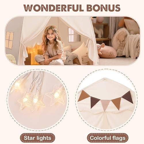 Extra Large Kids Play Tent with Flags & Star Lights, Portable & Foldable Teepee, Boys & Girls, Indoor Outdoor Dome Tent Playhouse, 59x39x59 in, Cream thumbnail 6