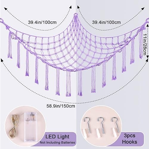 Basumee Stuffed Animals Net or Hammock with LED Light, Hanging Stuffed Animals Storage Toy Hammock Net Corner Wall Girls Room Decor Toy Storage Organizer, Purple, L thumbnail 3