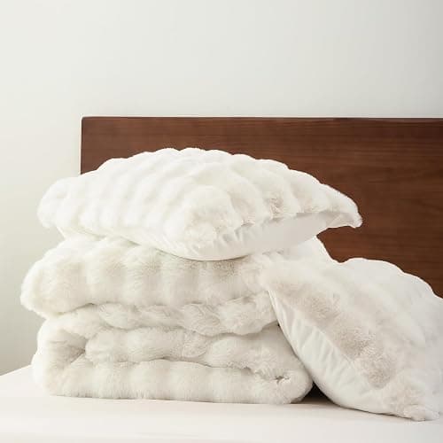 YIKUSH White Comforter Set Full – Ultra Soft & Warm Faux Fur Comforter for Winter, Elegant Fluffy Cream Comforter with Pillowcases, Cozy White Full Bedding Set thumbnail 8