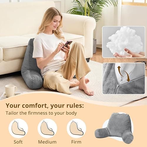 Sasttie Reading Pillows for Sitting in Bed Adult, Velvet Back Pillow Bed Sitting Up, Back-Rest Support Cushion for Sit Up on Couch, Sofa, and Floor, Dorm Essentials, Oeko-Tex Certified, Dark Grey thumbnail 3