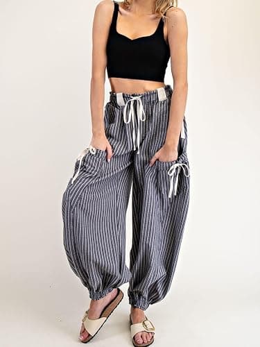 Yinawsky Women Drawstring Striped Pants Loose Wide Leg Casual Lounge Pants with Pockets thumbnail 4