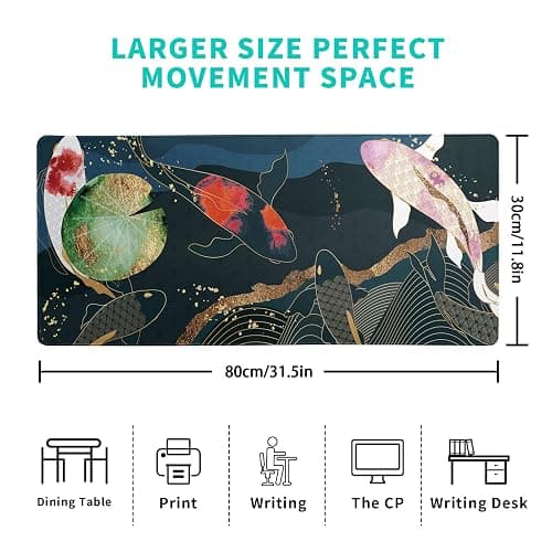 Japanese Gaming Mouse Pad XL - Extended Large Mouse Mat Desk Pad, Stitched Edges Mousepad, 3mm Thick Long Non-Slip Rubber Base Mice Pad, 31.5 X 11.8 Inch - Koi Fish Art thumbnail 4