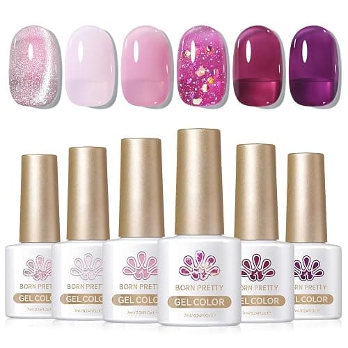 BORN PRETTY Jelly Purple Gel Nail Polish Transparent Sheer Pink Grape Purple Shimmer Glitter Jelly Gel Polsih Nail Art Manicure DIY at Home 6PCS - Image 1