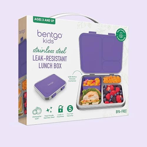 Bentgo Kids Stainless Steel Leak-Resistant Lunch Box - 3-Compartments with Bonus Silicone Container, Durable, Eco-Friendly, Dishwasher Safe, BPA-Free, Ideal for School, Ages 3+ (Purple) thumbnail 9