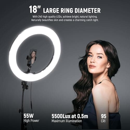 NEEWER Ring Light 18inch Kit: 55W 5600K Professional LED with Stand and Phone Holder, Soft Tube & Bag for Tattoo Lash Extension Barber Makeup Artist Studio Video Photography Lighting, RL-18 thumbnail 3