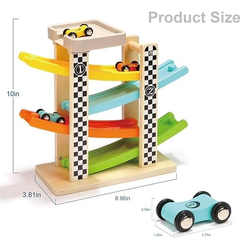 Toddler Toys for 1 2 Year Old Boy and Girl Gifts Wooden Race Track Car Ramp Racer with 4 Mini Car thumbnail 3