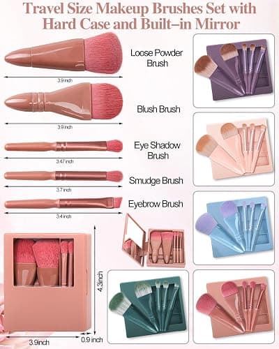 PGRODE Travel Size Makeup Brushes Mini Set with Hard Case and Built-in Mirror, 5Pcs Small Cosmetic Brushes, On the Go Brush Travel Essentials kits for Women, Girls Gift (Light Pink) thumbnail 3